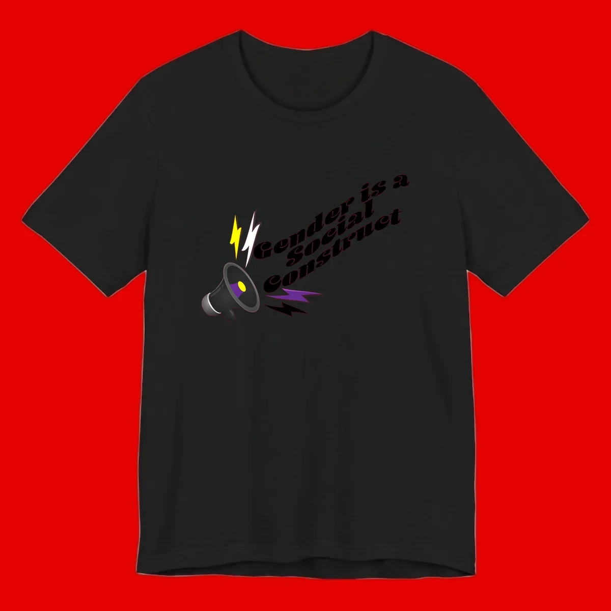 Megaphone with yellow and purple sound waves and lightning bolts next to text reading 'Comedian Special Announcement' in italicized black lettering on gray background
