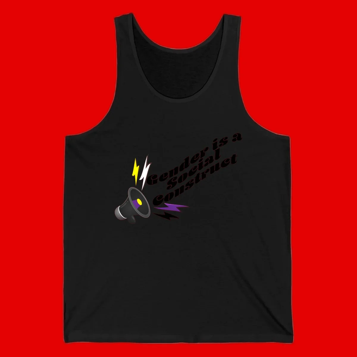 Megaphone with yellow and purple sound waves and lightning bolts next to text reading 'Comedian Special Announcement' in italicized black lettering on gray background