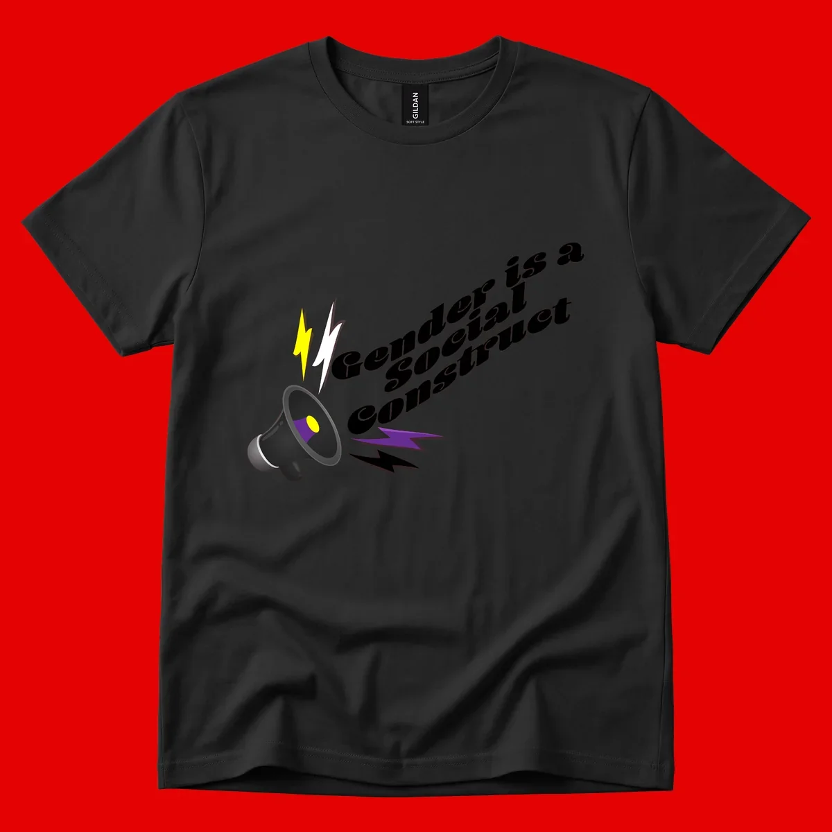 Megaphone with yellow and purple sound waves and lightning bolts next to text reading 'Comedian Special Announcement' in italicized black lettering on gray background