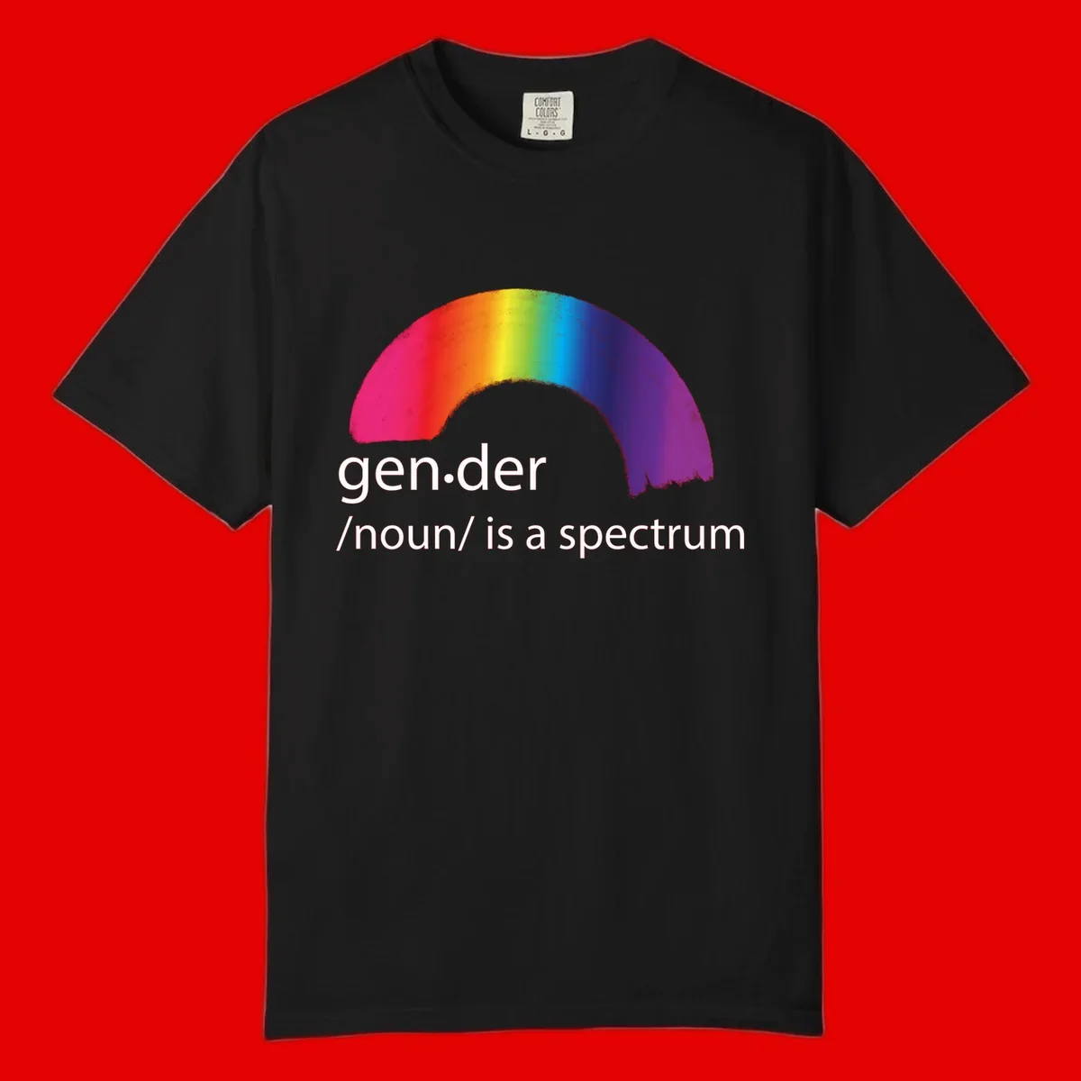 Rainbow arc with text 'gen.der /noun/ is a spectrum' celebrating gender diversity and LGBTQ pride