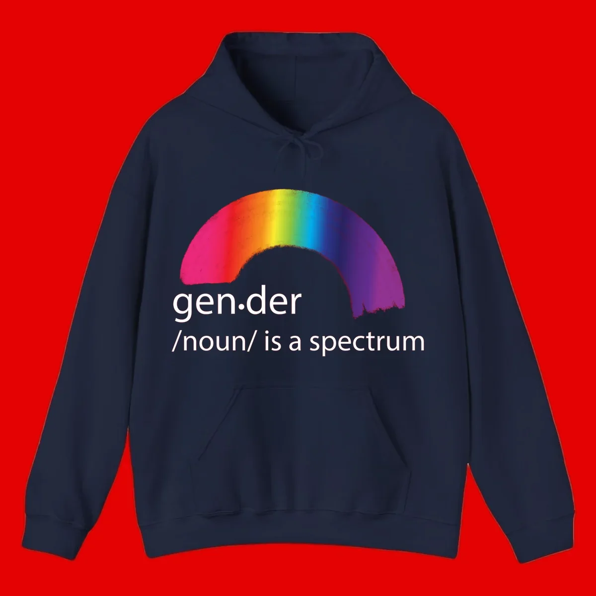 Rainbow arc with text 'gen.der /noun/ is a spectrum' celebrating gender diversity and LGBTQ pride