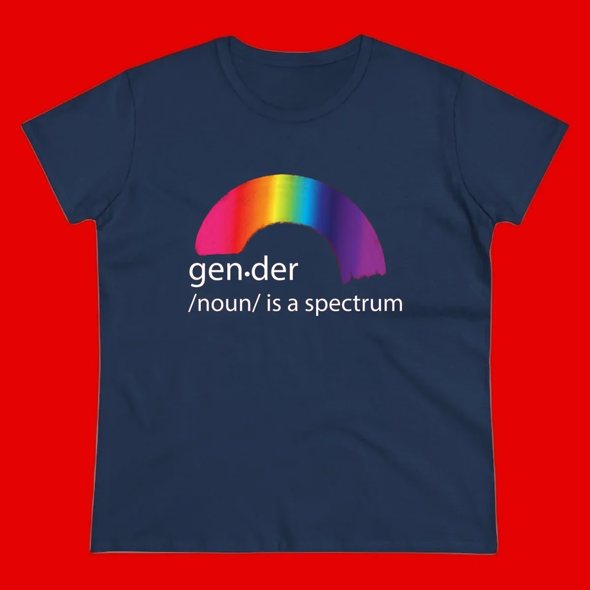 Rainbow arc with text 'gen.der /noun/ is a spectrum' celebrating gender diversity and LGBTQ pride