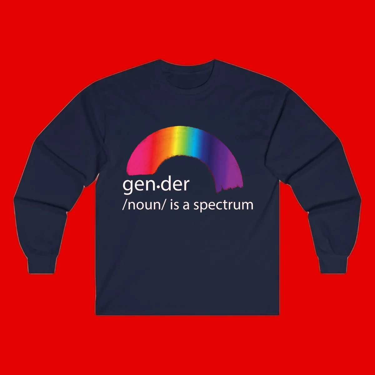 Rainbow arc with text 'gen.der /noun/ is a spectrum' celebrating gender diversity and LGBTQ pride