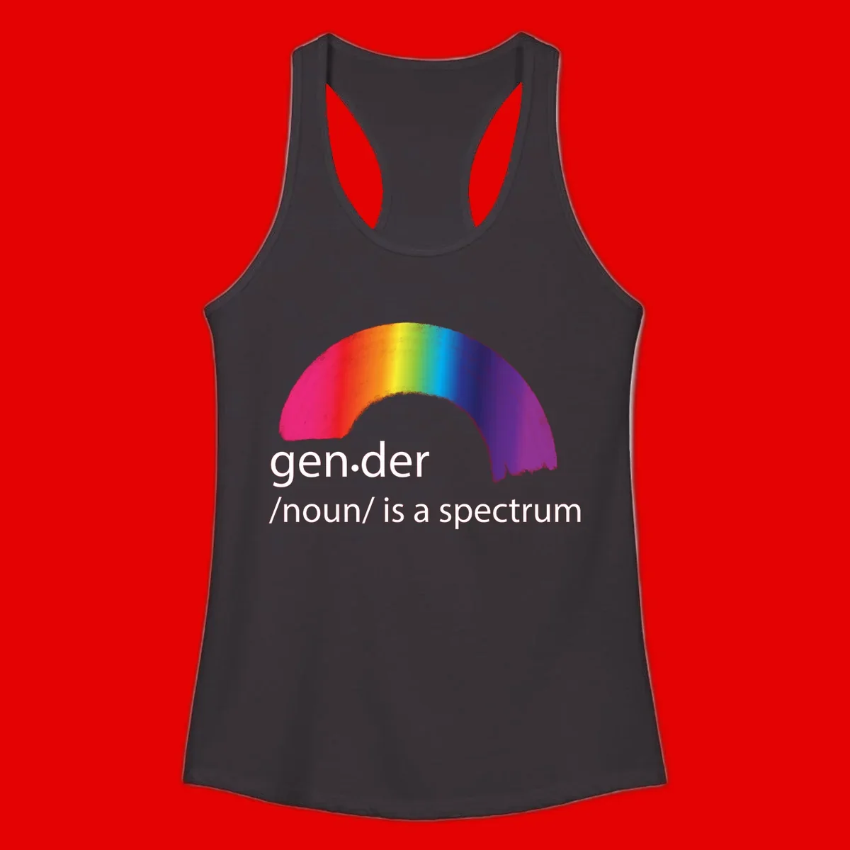 Rainbow arc with text 'gen.der /noun/ is a spectrum' celebrating gender diversity and LGBTQ pride