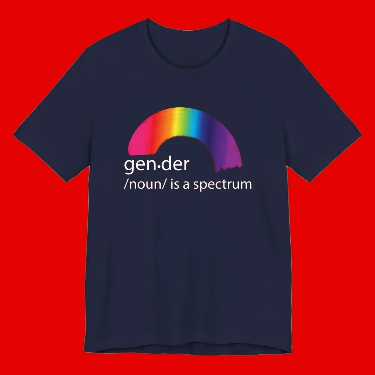 Rainbow arc with text 'gen.der /noun/ is a spectrum' celebrating gender diversity and LGBTQ pride