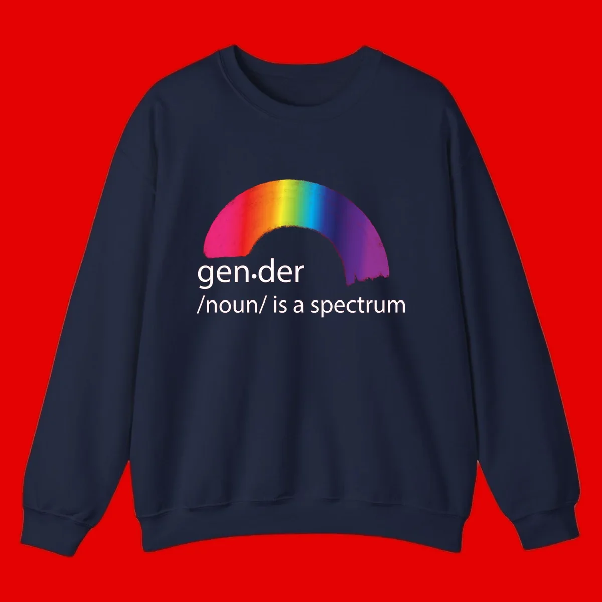 Rainbow arc with text 'gen.der /noun/ is a spectrum' celebrating gender diversity and LGBTQ pride