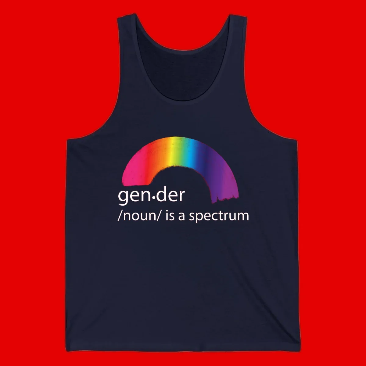 Rainbow arc with text 'gen.der /noun/ is a spectrum' celebrating gender diversity and LGBTQ pride
