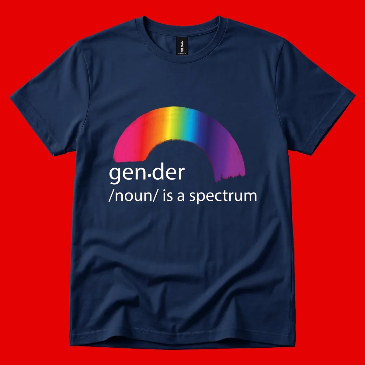 Rainbow arc with text 'gen.der /noun/ is a spectrum' celebrating gender diversity and LGBTQ pride