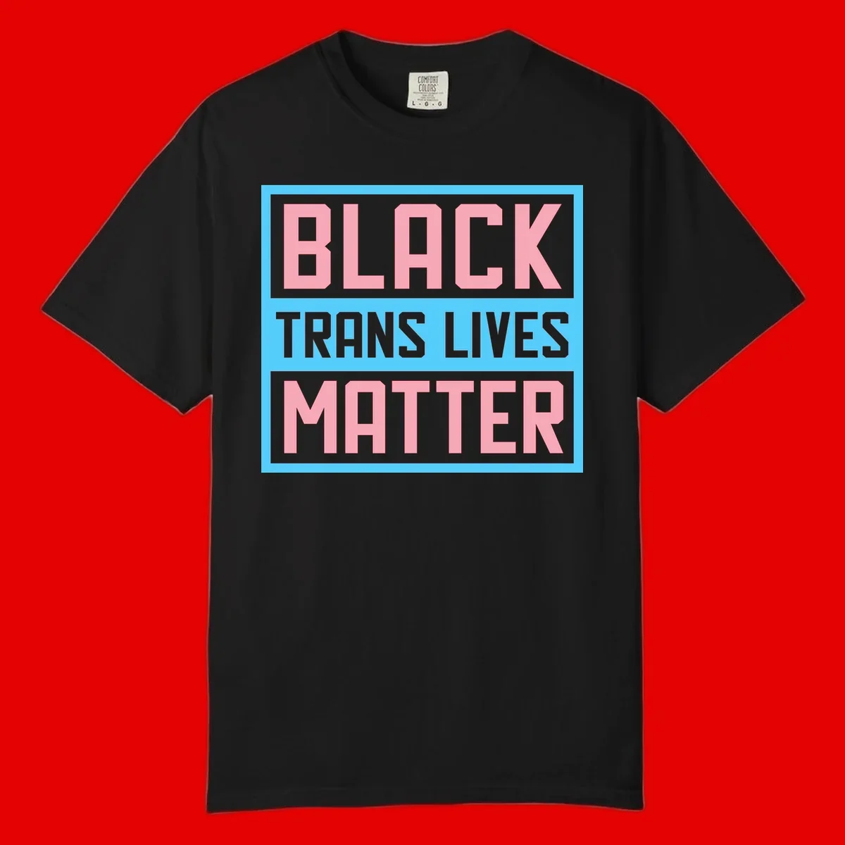 Bold pink block letters spelling 'BLACK TRANS LIVES MATTER' on light blue and gray background