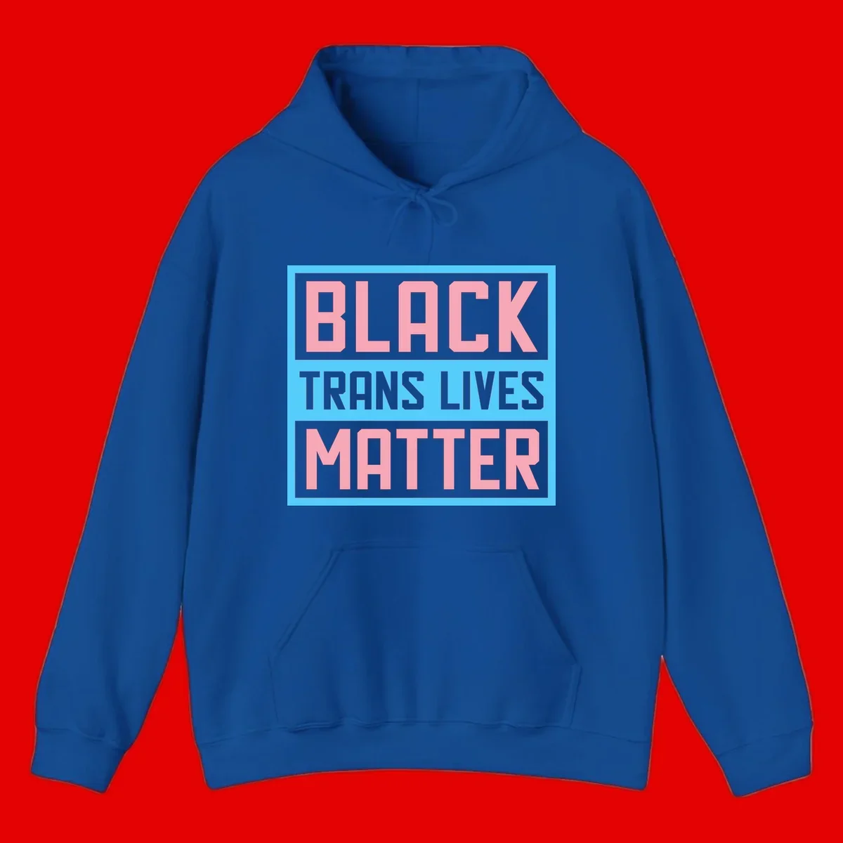 Bold pink block letters spelling 'BLACK TRANS LIVES MATTER' on light blue and gray background