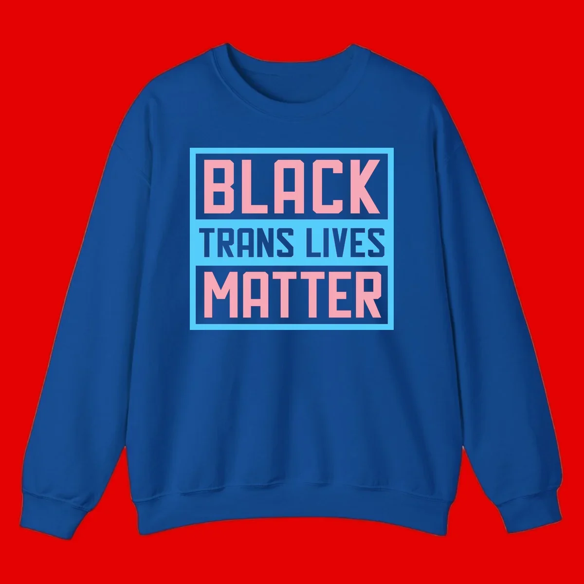 Bold pink block letters spelling 'BLACK TRANS LIVES MATTER' on light blue and gray background