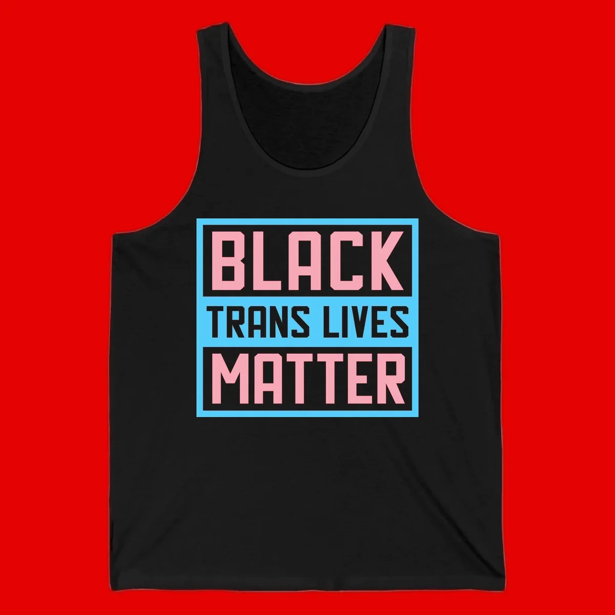 Bold pink block letters spelling 'BLACK TRANS LIVES MATTER' on light blue and gray background