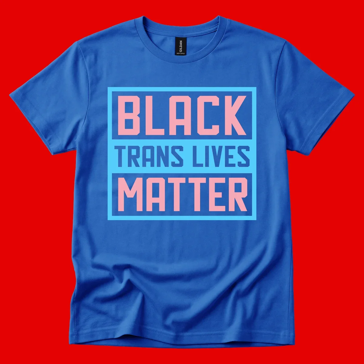 Bold pink block letters spelling 'BLACK TRANS LIVES MATTER' on light blue and gray background