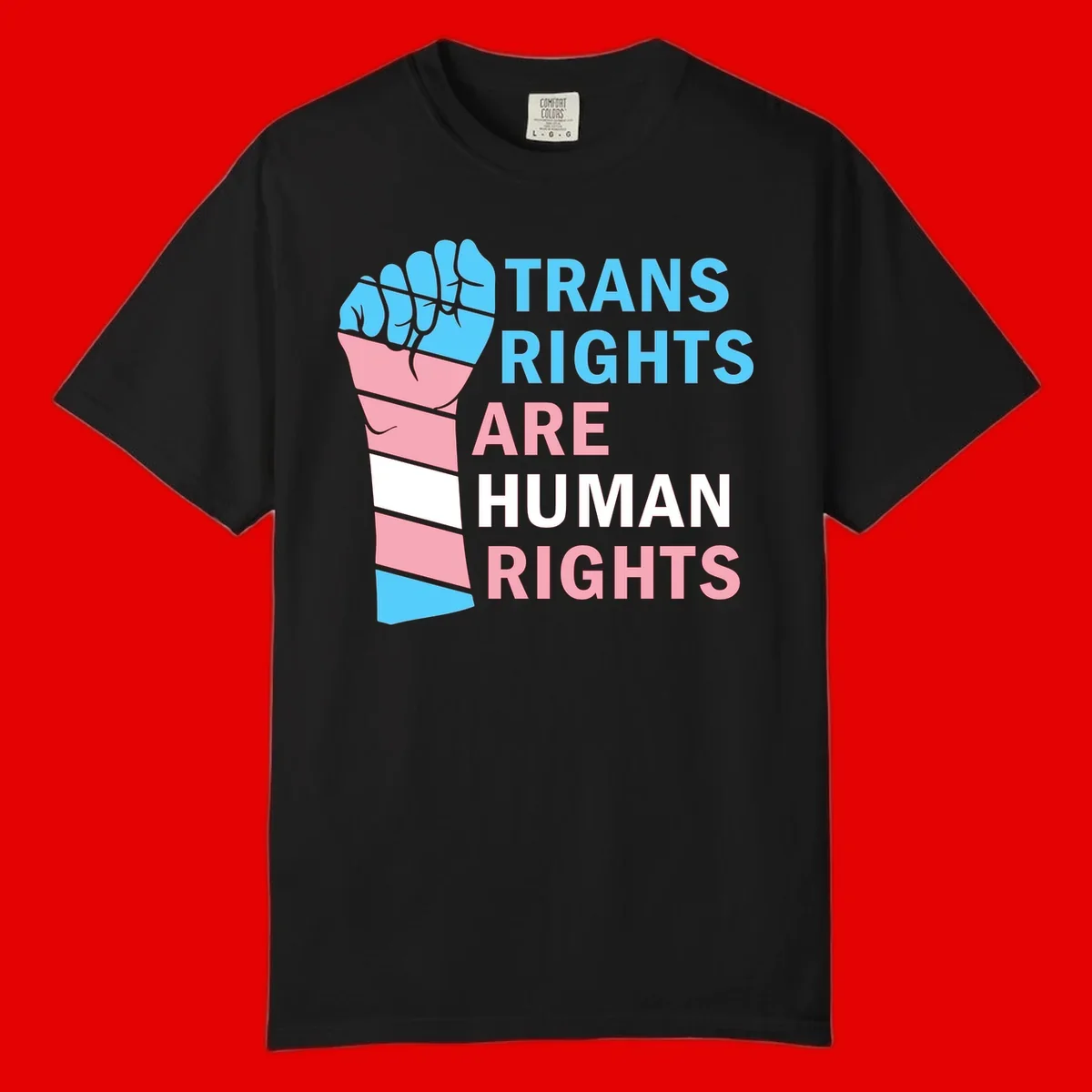 Raised fist in trans flag colors (blue, pink, white) with text 'Trans Rights Are Human Rights' promoting equality and pride