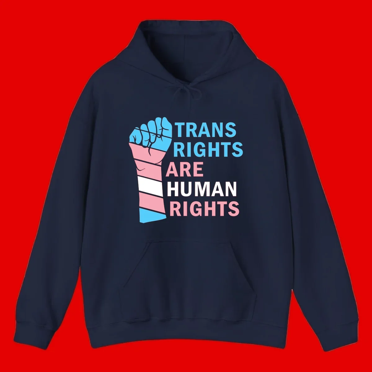 Raised fist in trans flag colors (blue, pink, white) with text 'Trans Rights Are Human Rights' promoting equality and pride