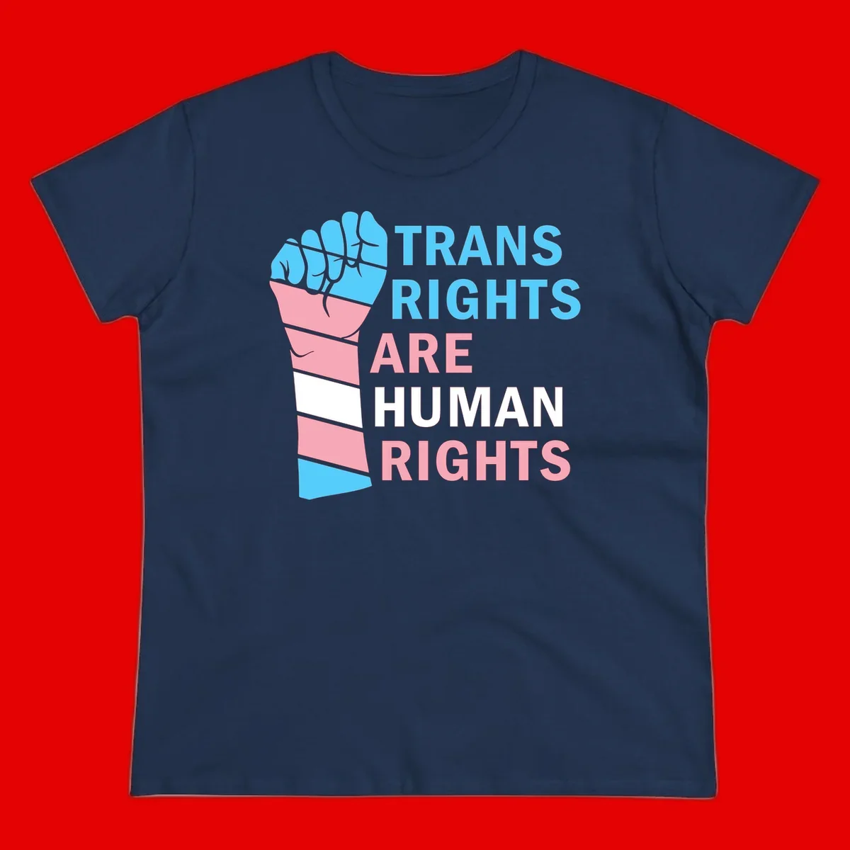 Raised fist in trans flag colors (blue, pink, white) with text 'Trans Rights Are Human Rights' promoting equality and pride