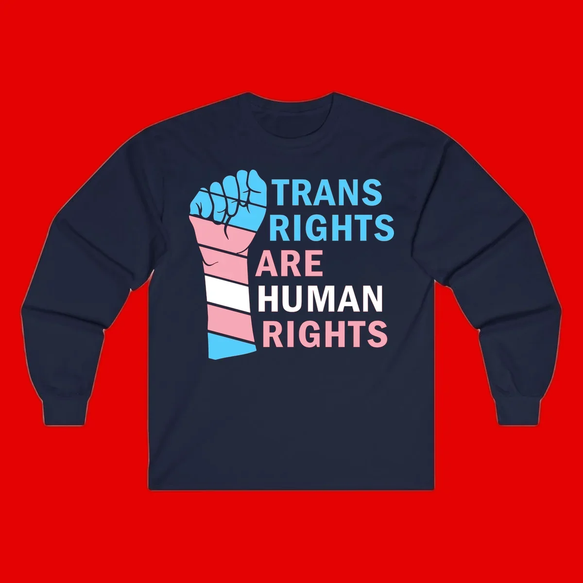 Raised fist in trans flag colors (blue, pink, white) with text 'Trans Rights Are Human Rights' promoting equality and pride