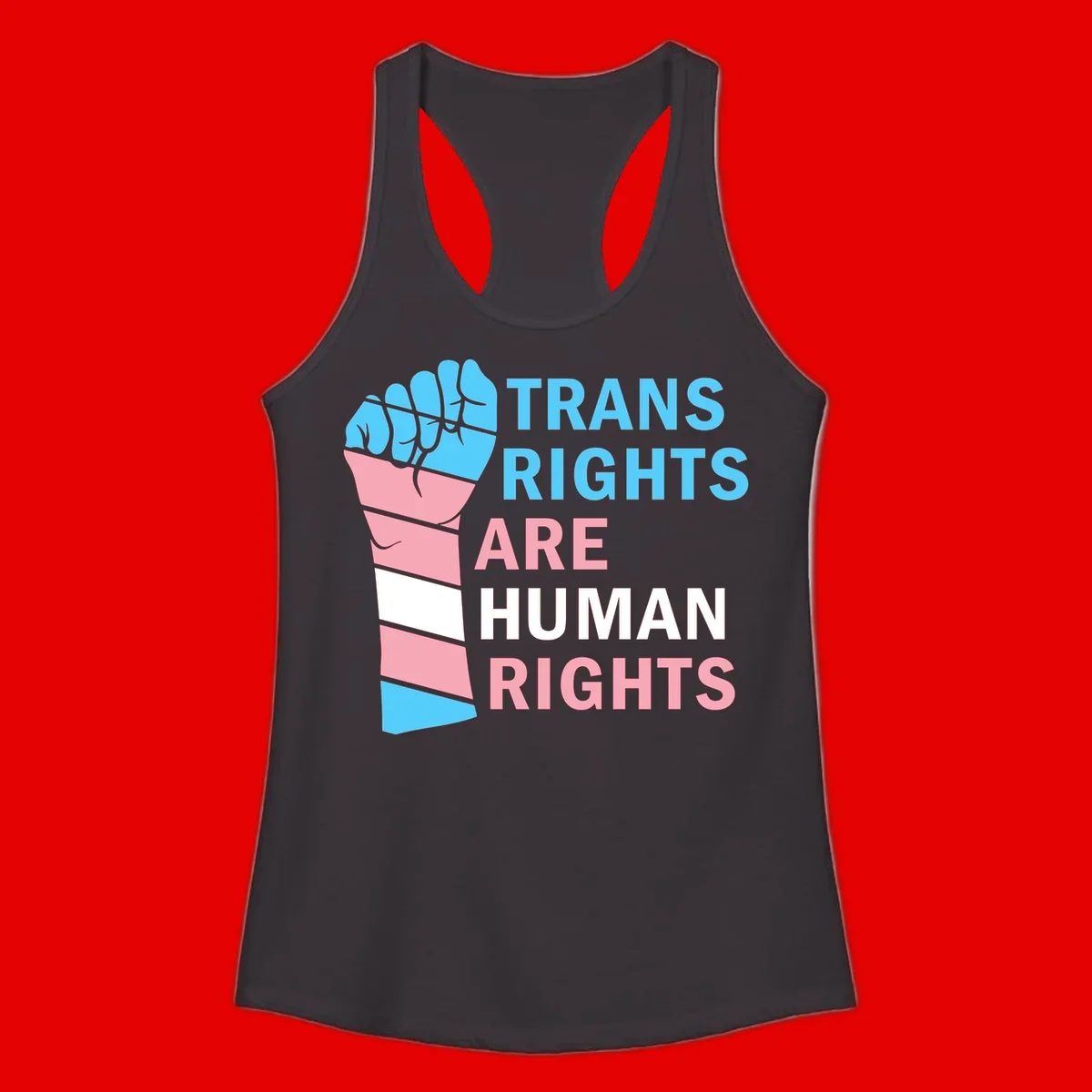 Raised fist in trans flag colors (blue, pink, white) with text 'Trans Rights Are Human Rights' promoting equality and pride