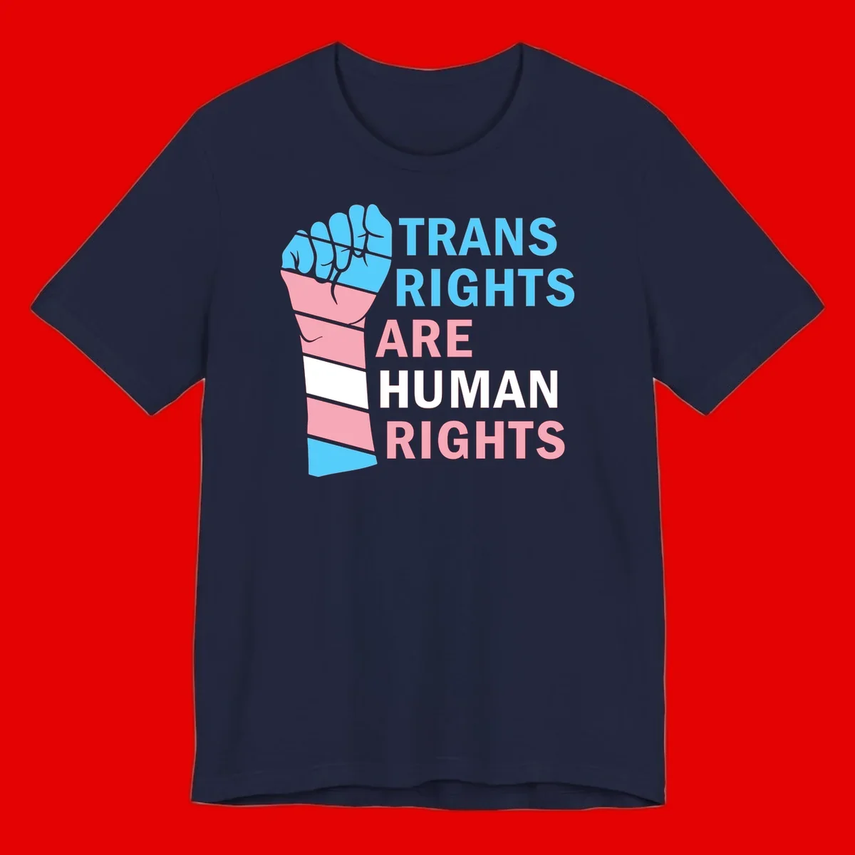 Raised fist in trans flag colors (blue, pink, white) with text 'Trans Rights Are Human Rights' promoting equality and pride