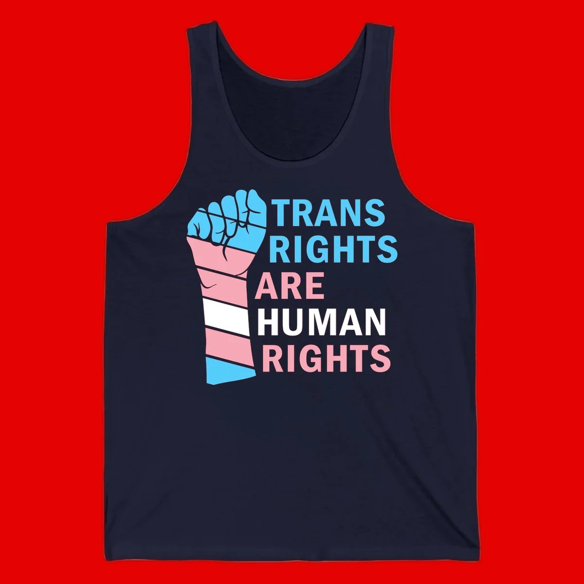 Raised fist in trans flag colors (blue, pink, white) with text 'Trans Rights Are Human Rights' promoting equality and pride