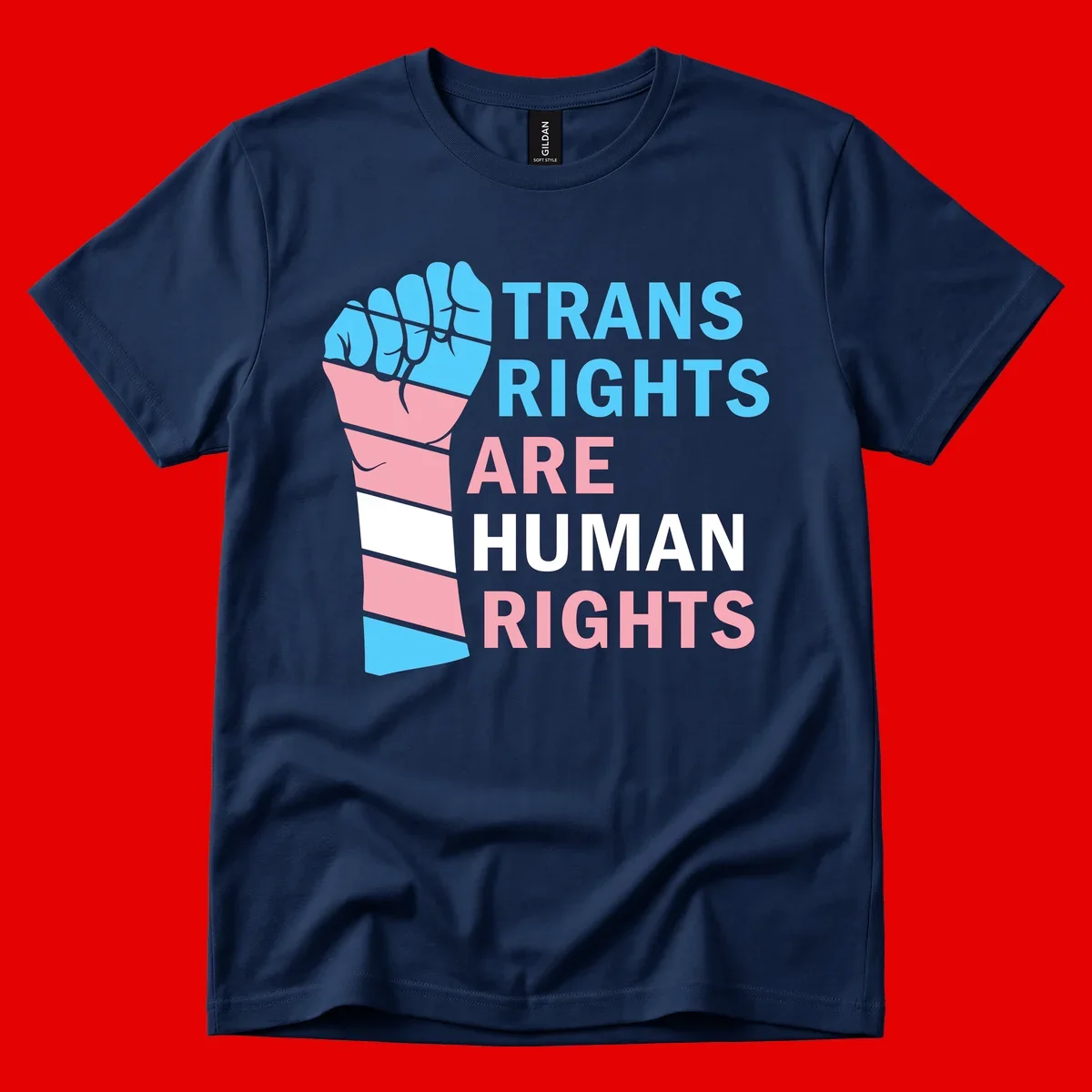 Raised fist in trans flag colors (blue, pink, white) with text 'Trans Rights Are Human Rights' promoting equality and pride