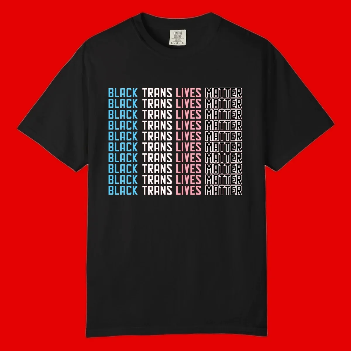 Black trans lives matter repeating text pattern in blue, white, pink and black on gray background