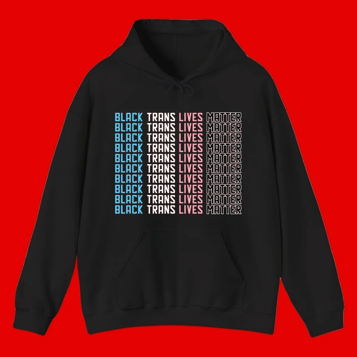 Black trans lives matter repeating text pattern in blue, white, pink and black on gray background