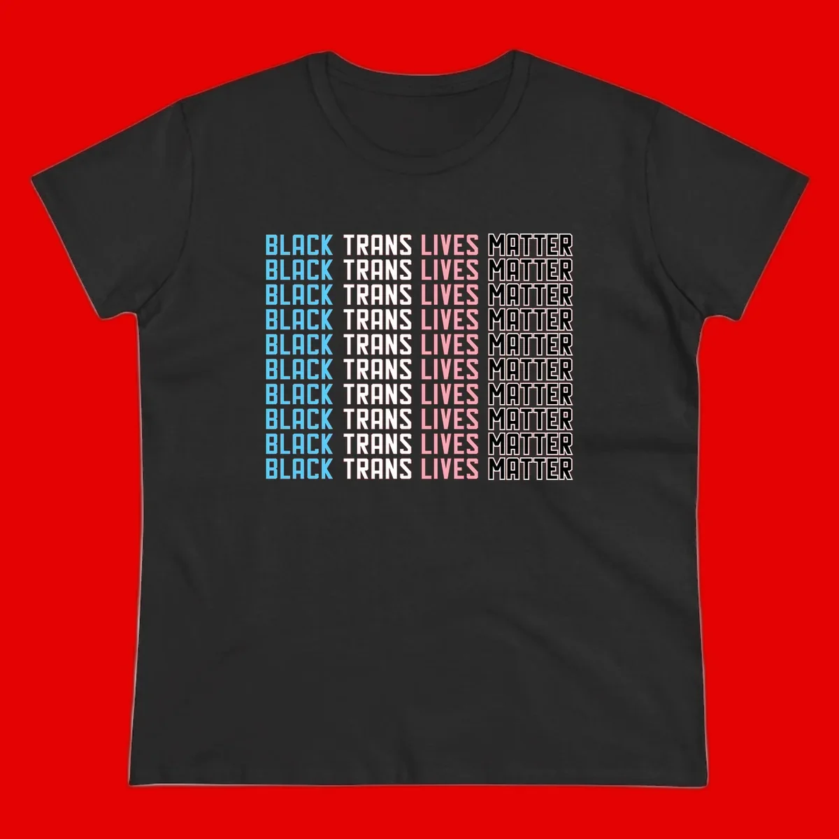 Black trans lives matter repeating text pattern in blue, white, pink and black on gray background