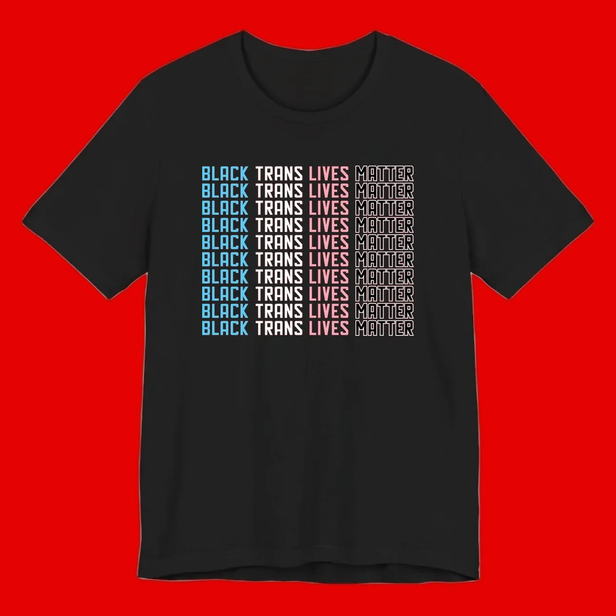 Black trans lives matter repeating text pattern in blue, white, pink and black on gray background