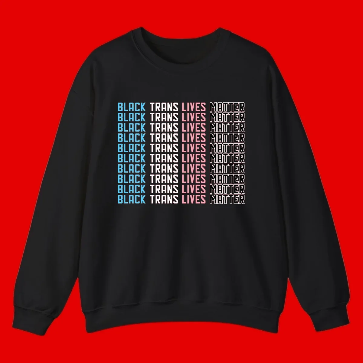 Black trans lives matter repeating text pattern in blue, white, pink and black on gray background
