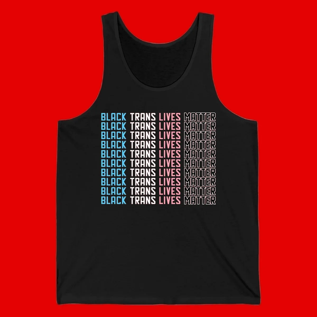 Black trans lives matter repeating text pattern in blue, white, pink and black on gray background