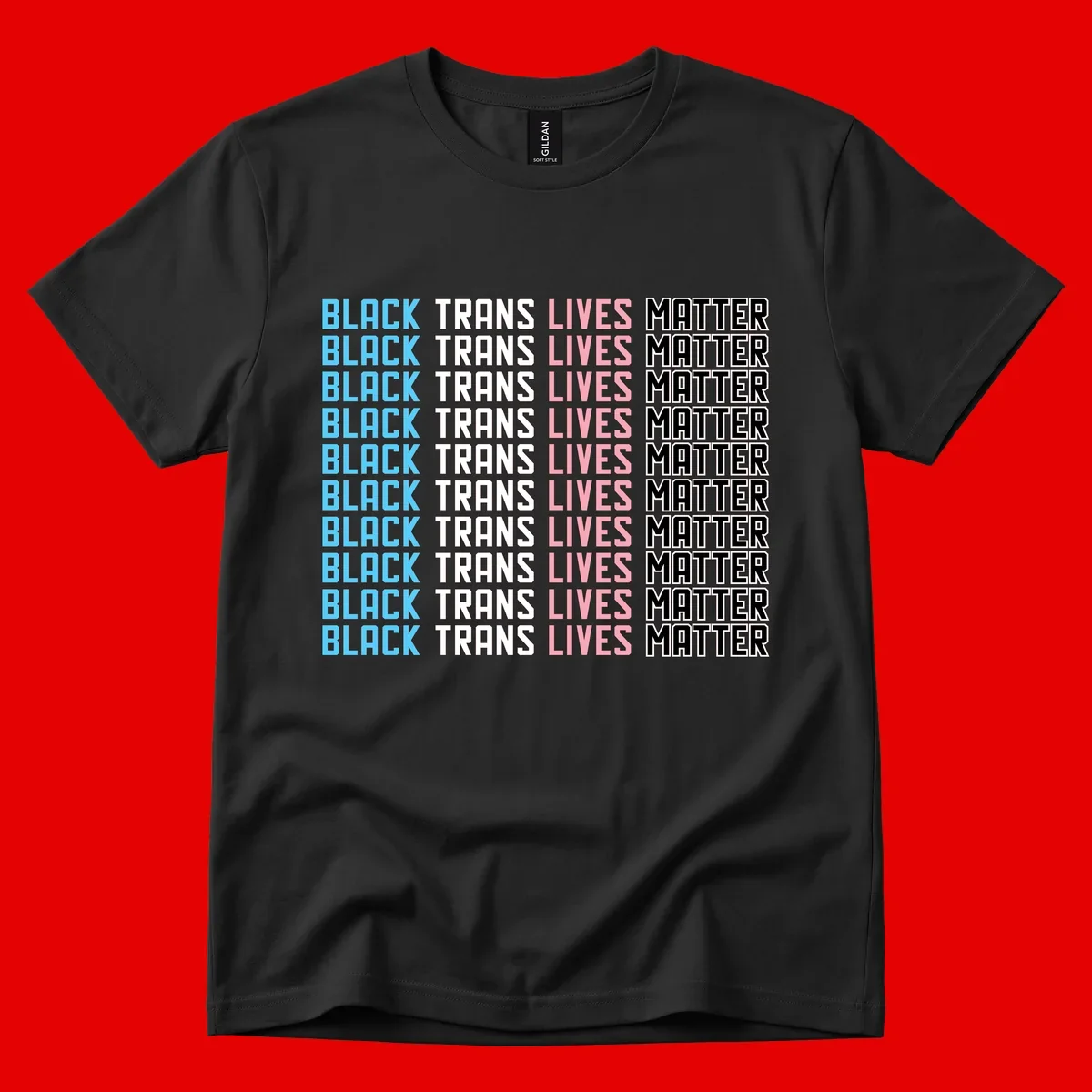 Black trans lives matter repeating text pattern in blue, white, pink and black on gray background