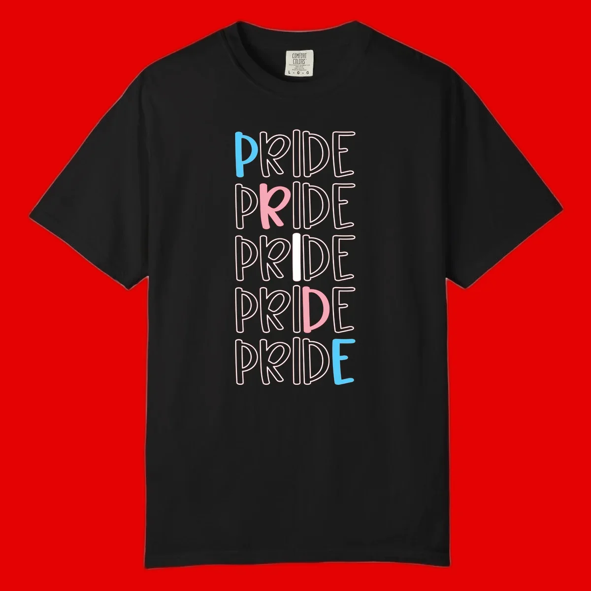 Pride stacked lettering design with the word PRIDE repeated vertically in outlined text with cyan blue and pink accent colors on gray background