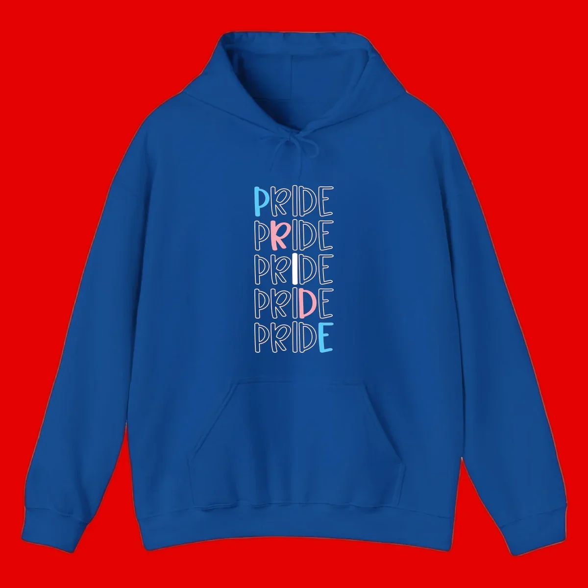 Pride stacked lettering design with the word PRIDE repeated vertically in outlined text with cyan blue and pink accent colors on gray background