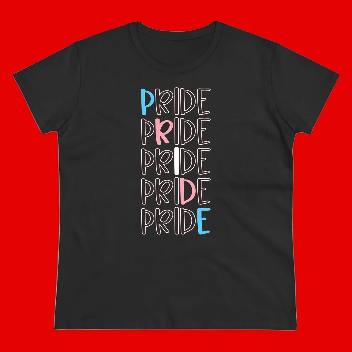 Pride stacked lettering design with the word PRIDE repeated vertically in outlined text with cyan blue and pink accent colors on gray background