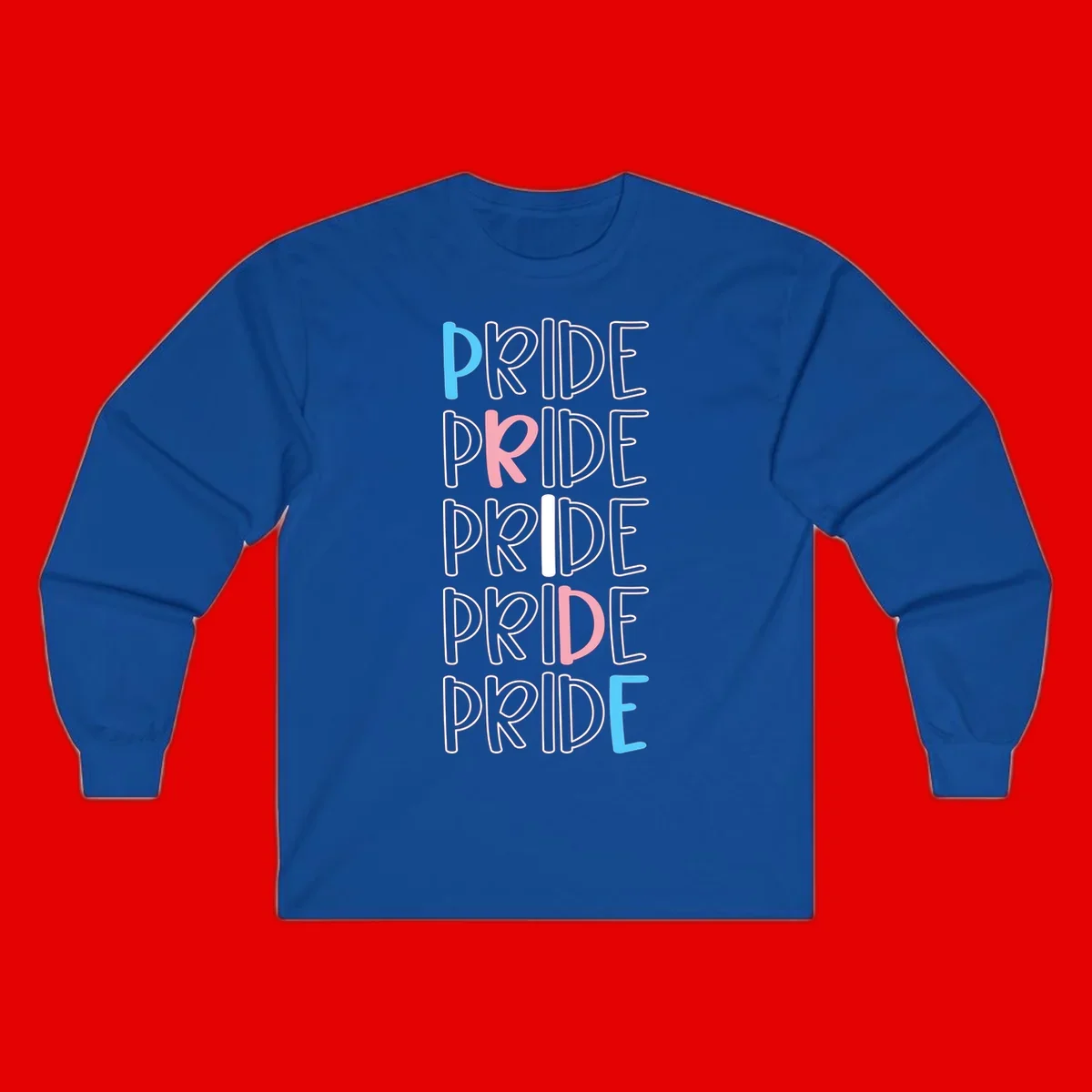Pride stacked lettering design with the word PRIDE repeated vertically in outlined text with cyan blue and pink accent colors on gray background