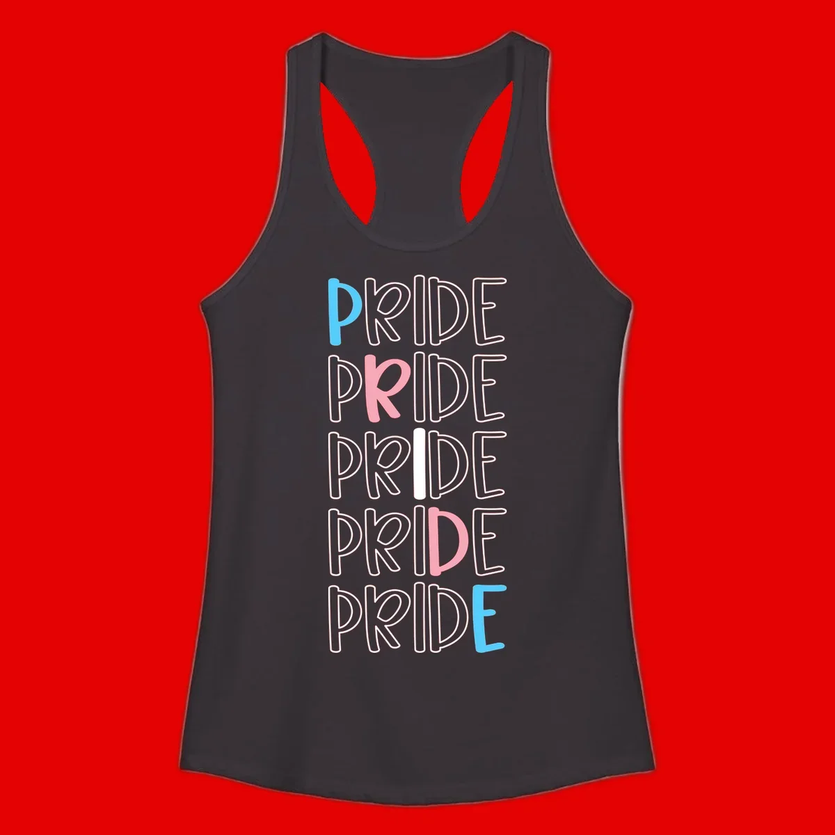 Pride stacked lettering design with the word PRIDE repeated vertically in outlined text with cyan blue and pink accent colors on gray background
