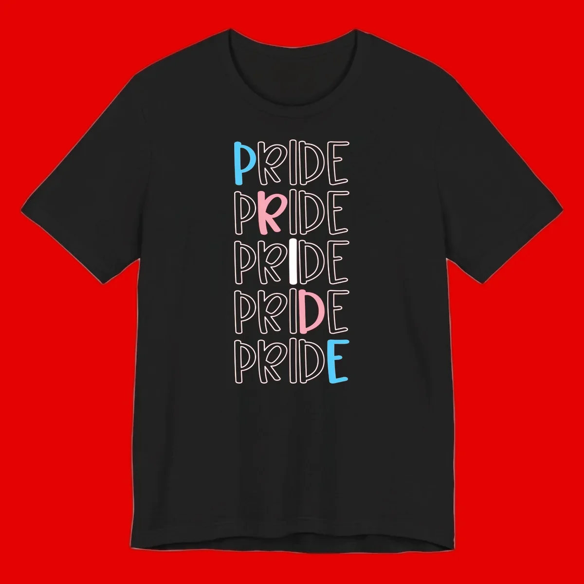 Pride stacked lettering design with the word PRIDE repeated vertically in outlined text with cyan blue and pink accent colors on gray background