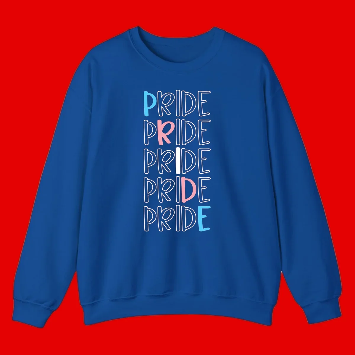 Pride stacked lettering design with the word PRIDE repeated vertically in outlined text with cyan blue and pink accent colors on gray background