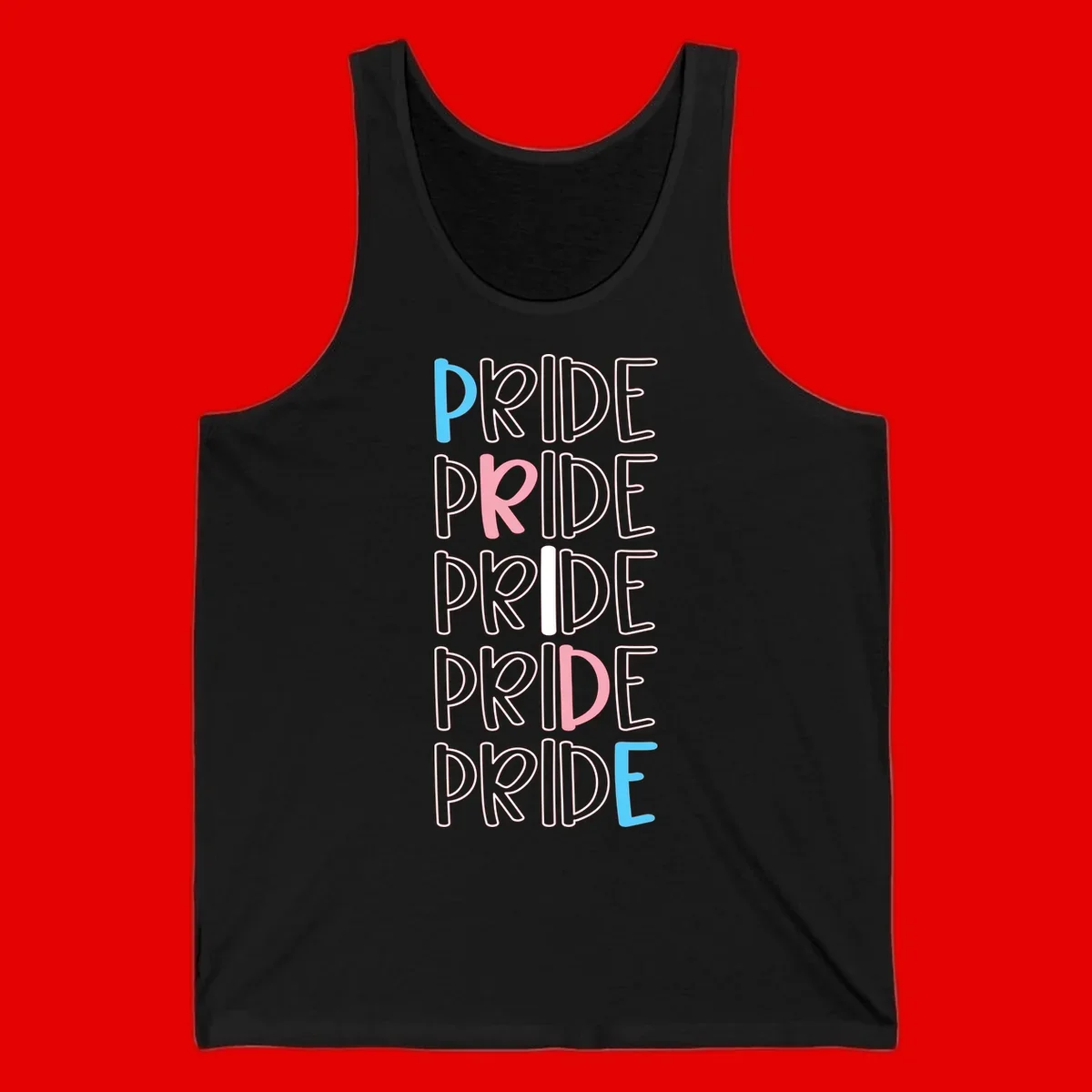Pride stacked lettering design with the word PRIDE repeated vertically in outlined text with cyan blue and pink accent colors on gray background