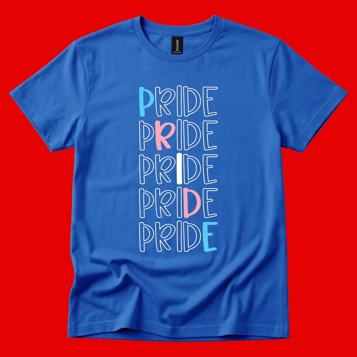 Pride stacked lettering design with the word PRIDE repeated vertically in outlined text with cyan blue and pink accent colors on gray background