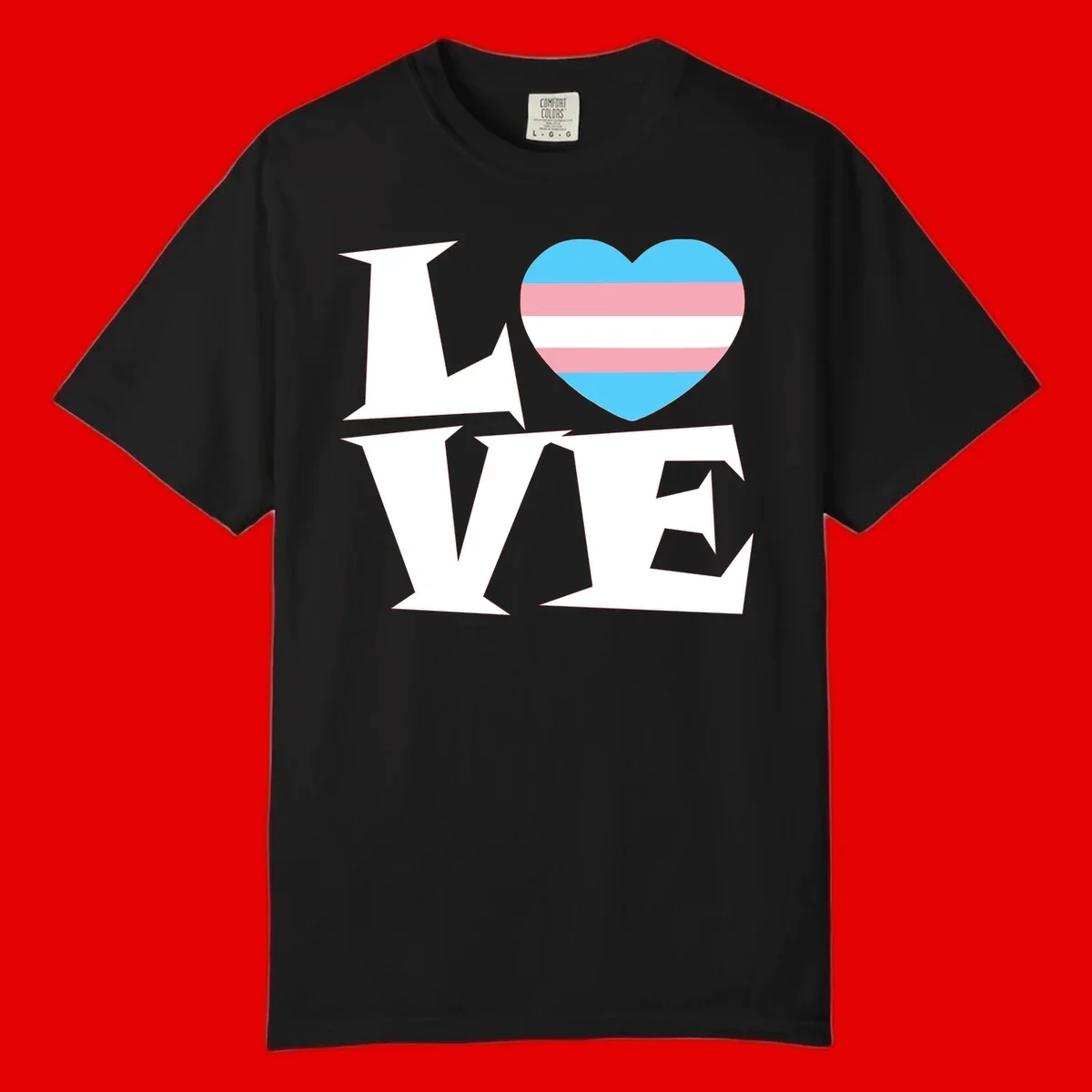 Trans pride heart with cyan, pink, and white stripes next to bold 'Love Wins' text on gray background