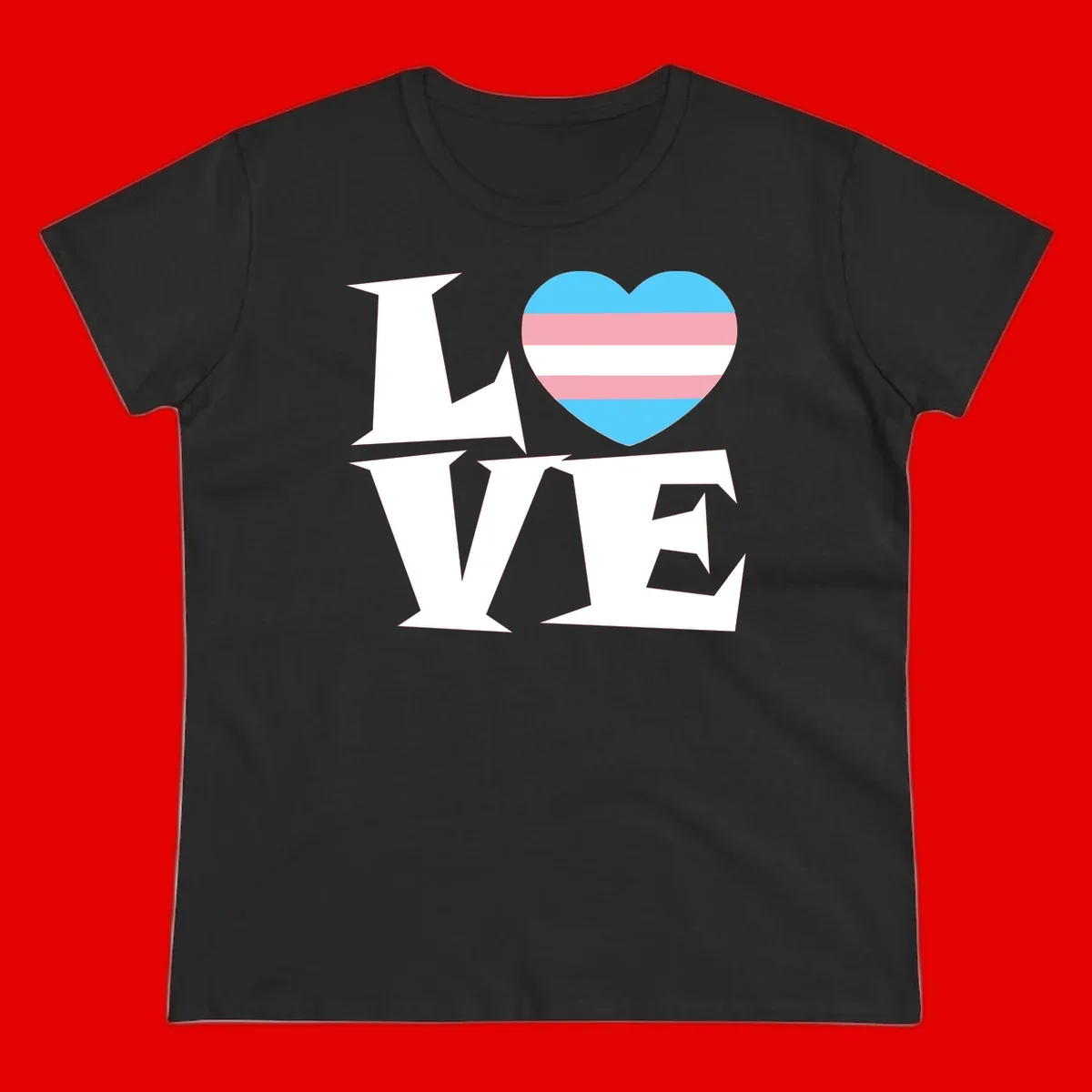 Trans pride heart with cyan, pink, and white stripes next to bold 'Love Wins' text on gray background