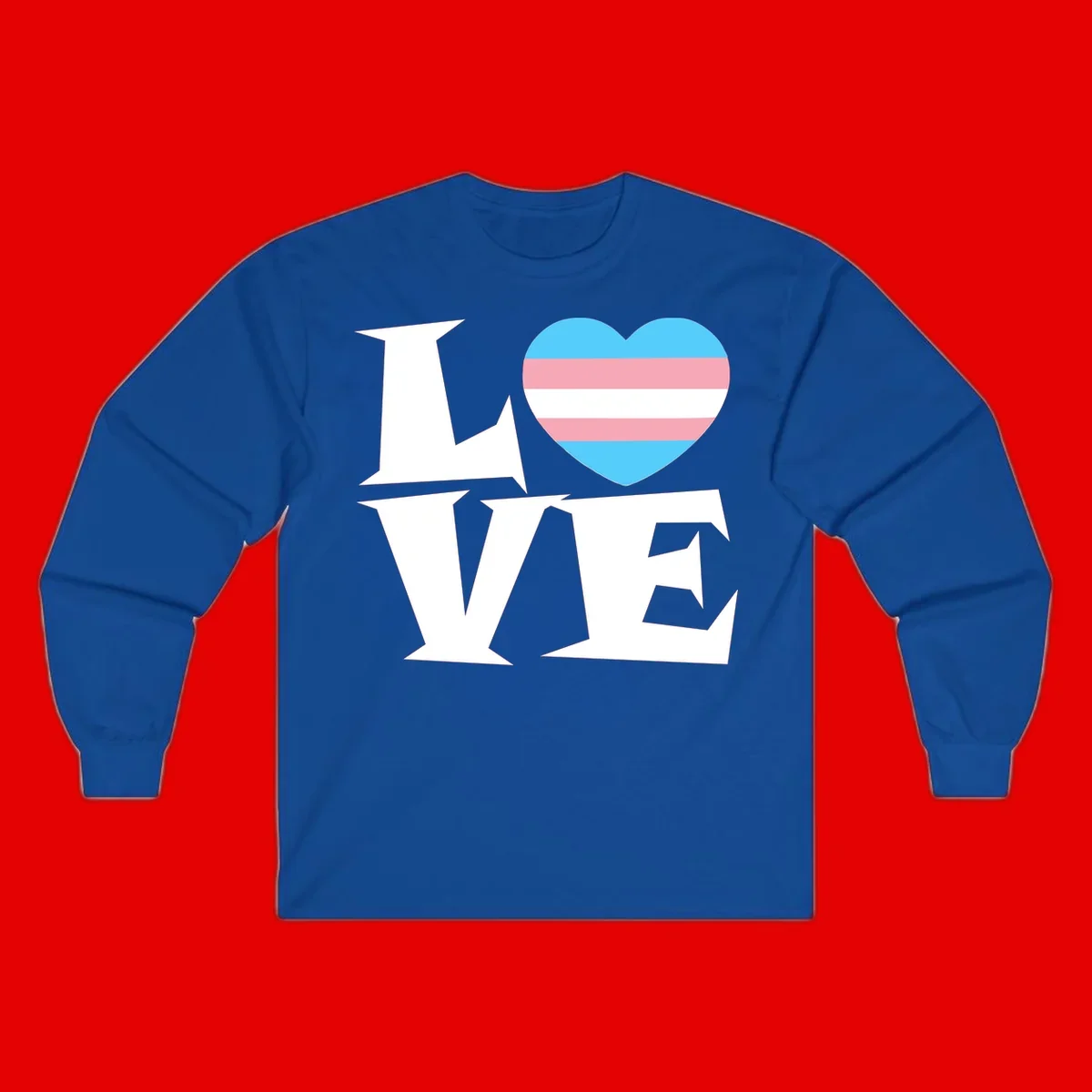 Trans pride heart with cyan, pink, and white stripes next to bold 'Love Wins' text on gray background