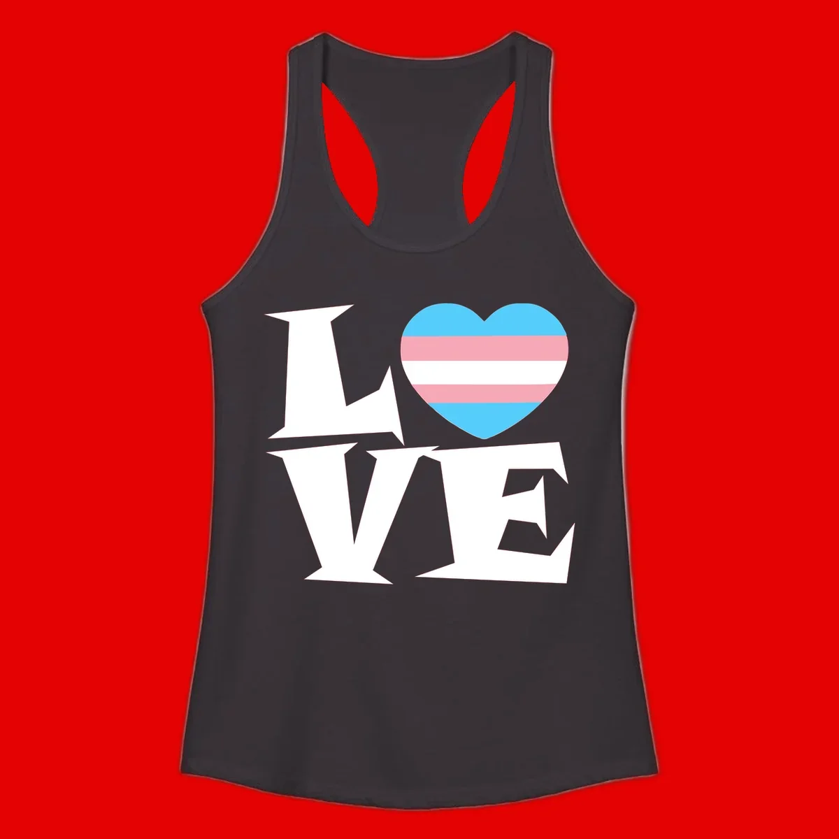 Trans pride heart with cyan, pink, and white stripes next to bold 'Love Wins' text on gray background