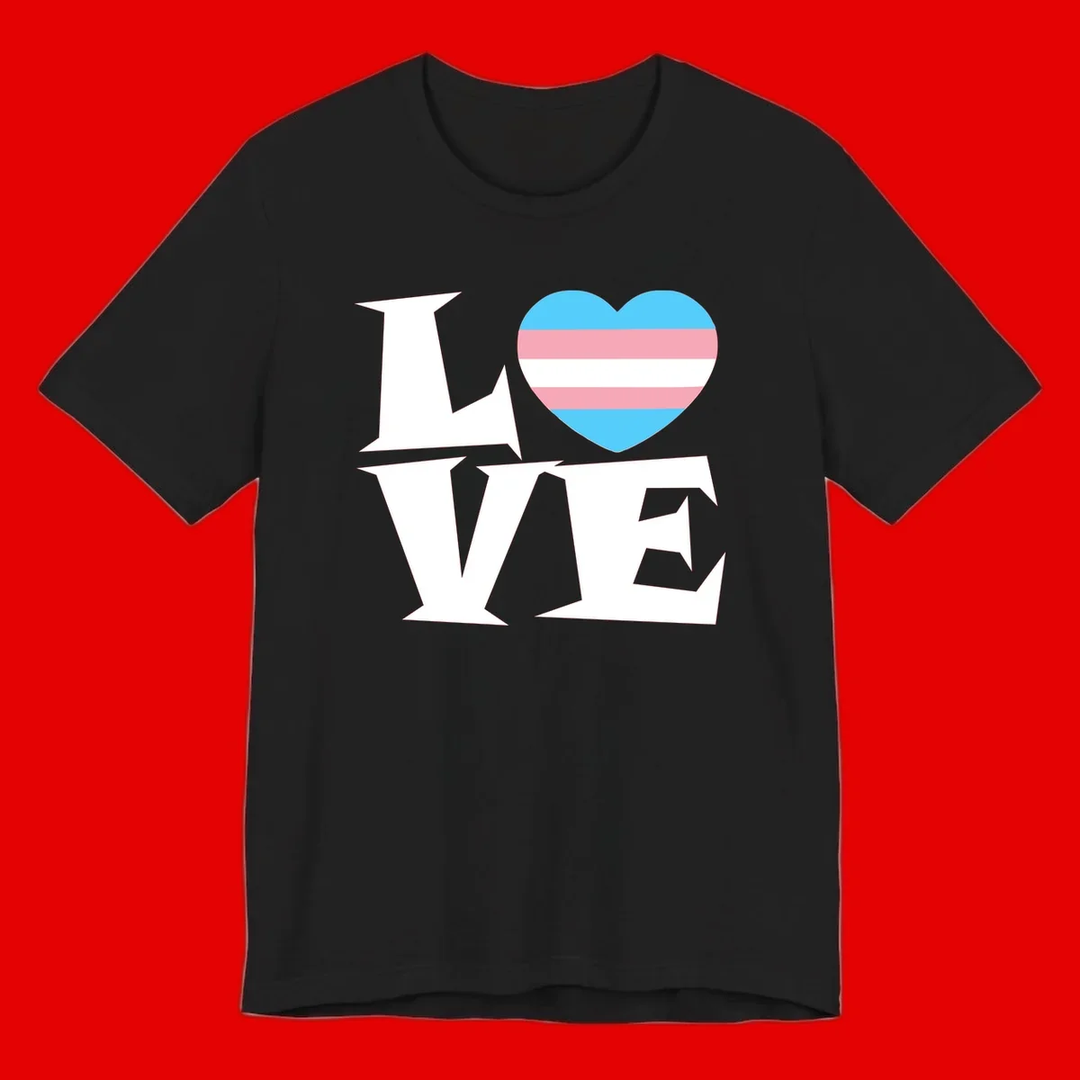 Trans pride heart with cyan, pink, and white stripes next to bold 'Love Wins' text on gray background