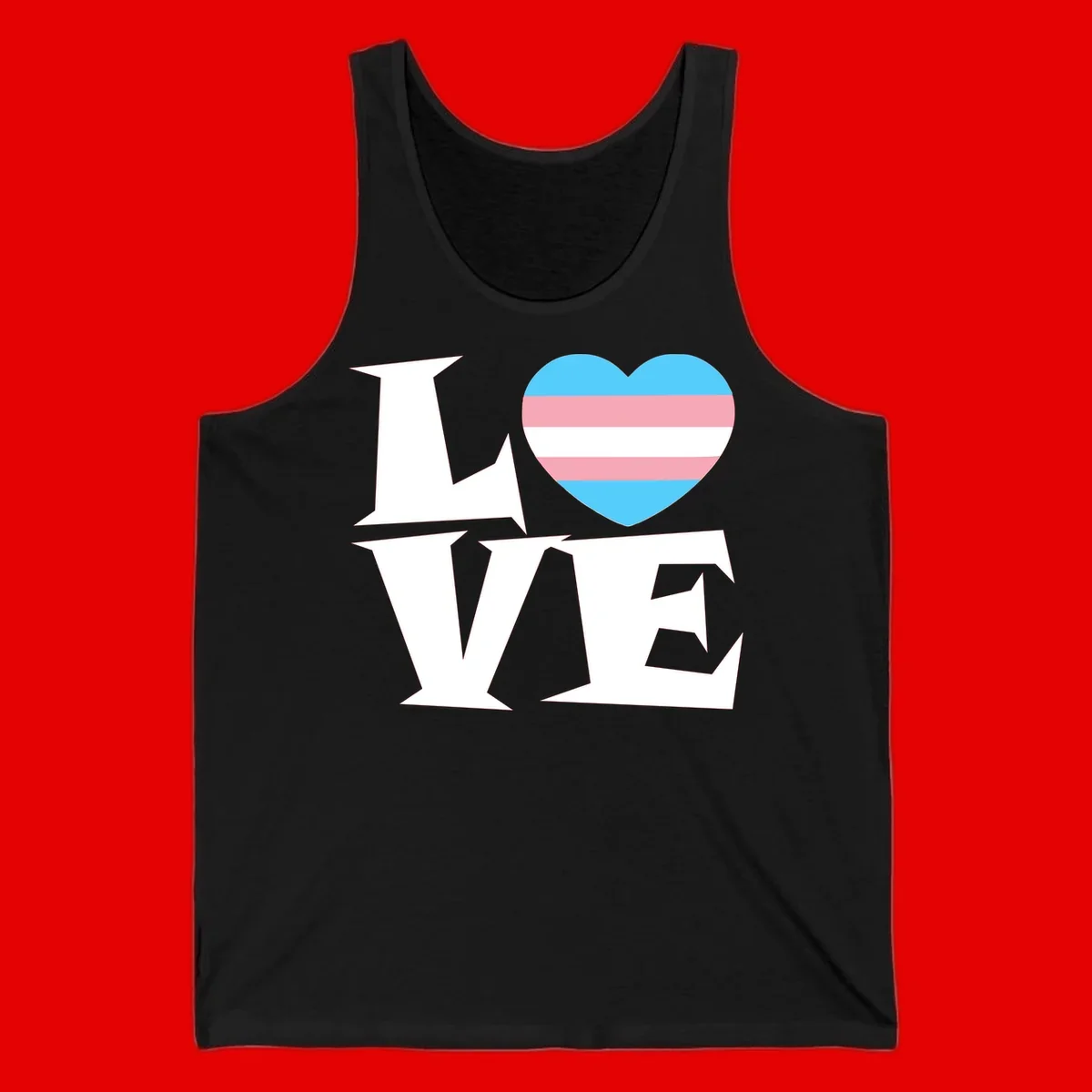 Trans pride heart with cyan, pink, and white stripes next to bold 'Love Wins' text on gray background