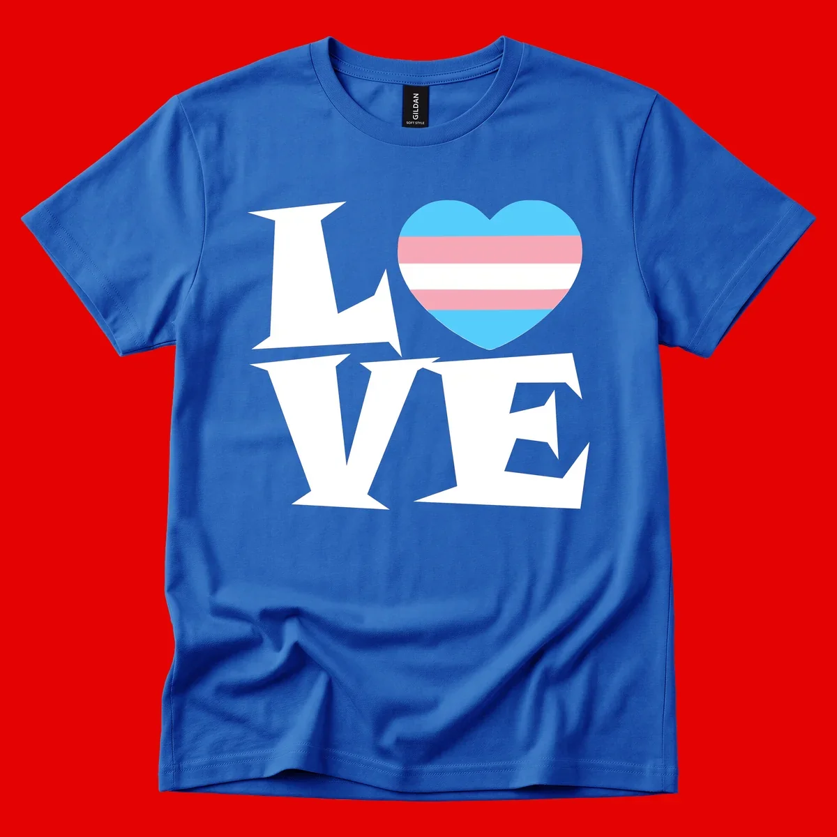 Trans pride heart with cyan, pink, and white stripes next to bold 'Love Wins' text on gray background