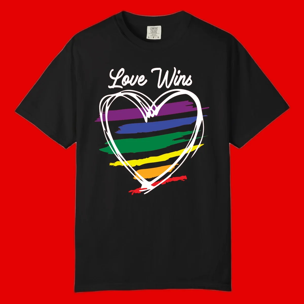Hand-drawn white heart outline filled with rainbow horizontal stripes in purple, blue, green, yellow, orange, and red with 'Love Wins' text above