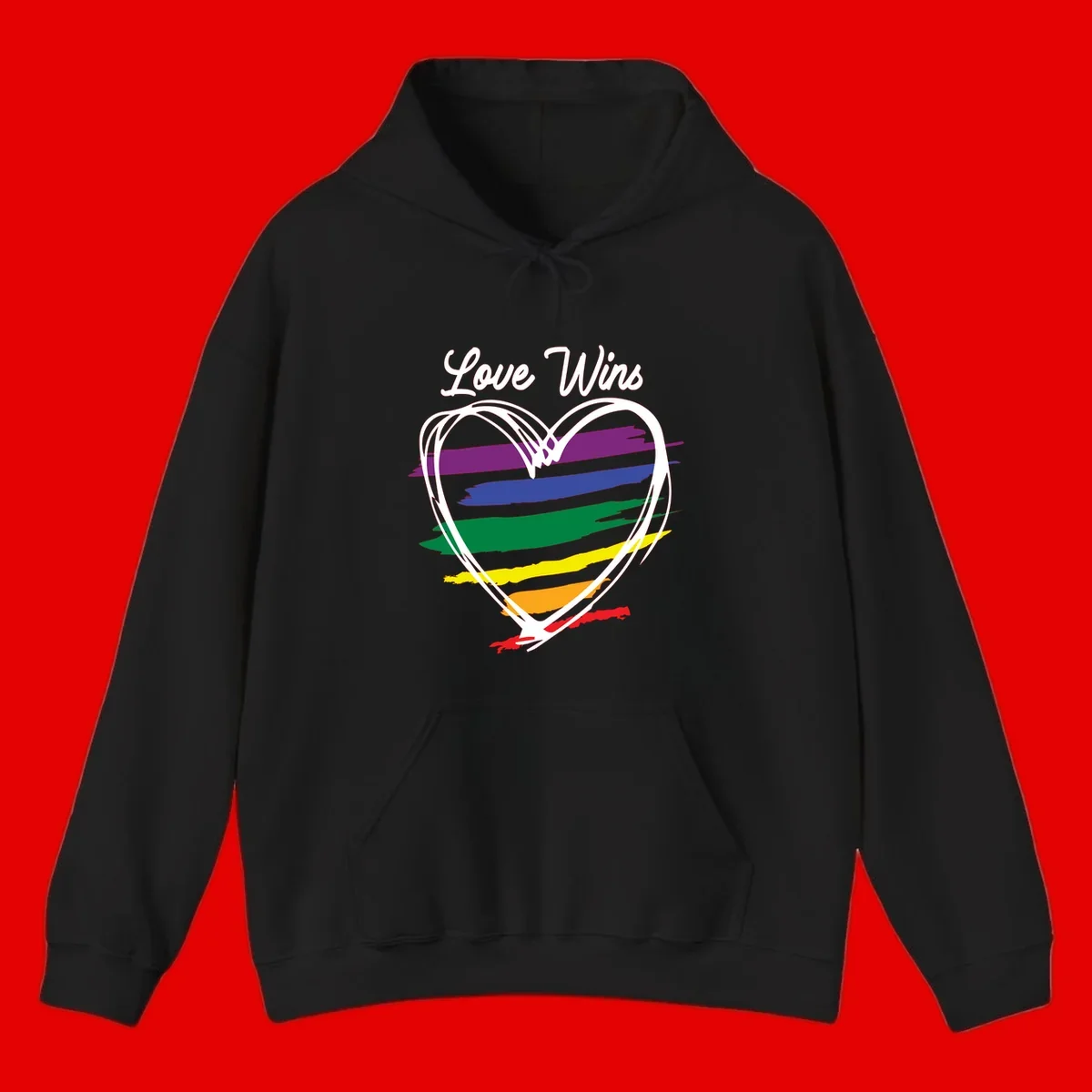 Hand-drawn white heart outline filled with rainbow horizontal stripes in purple, blue, green, yellow, orange, and red with 'Love Wins' text above